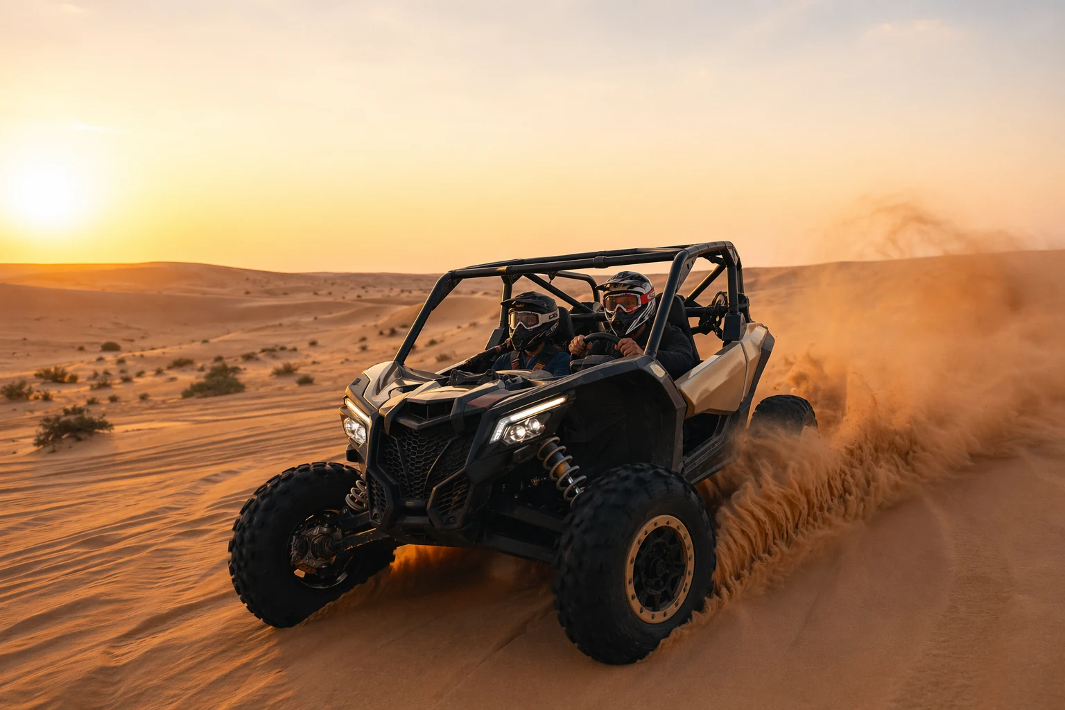 Can-Am dune buggy throwing sand across a golden Dubai dune
