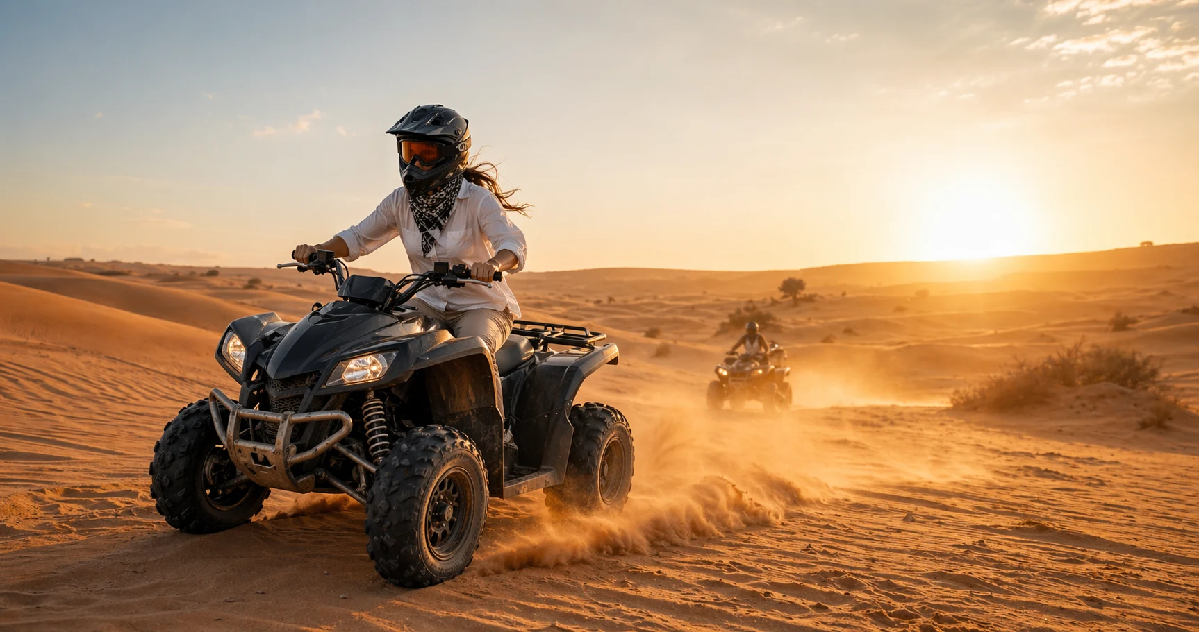 Quad bike rider carving through desert sand at golden hour