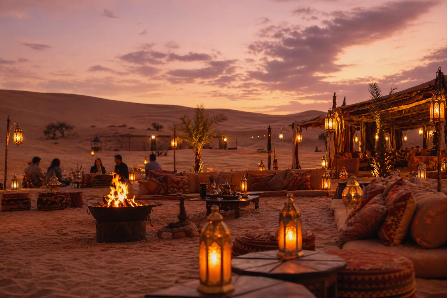 Desert safari camp glowing at dusk with lanterns, dinner, and open dunes