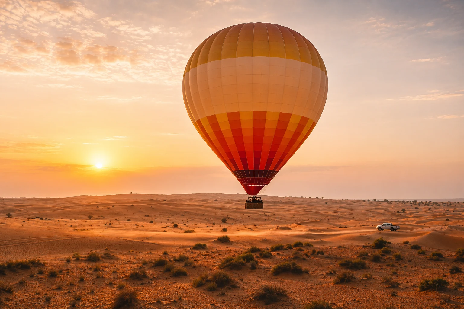 Hot-air balloon floating over warm Dubai dunes at sunrise