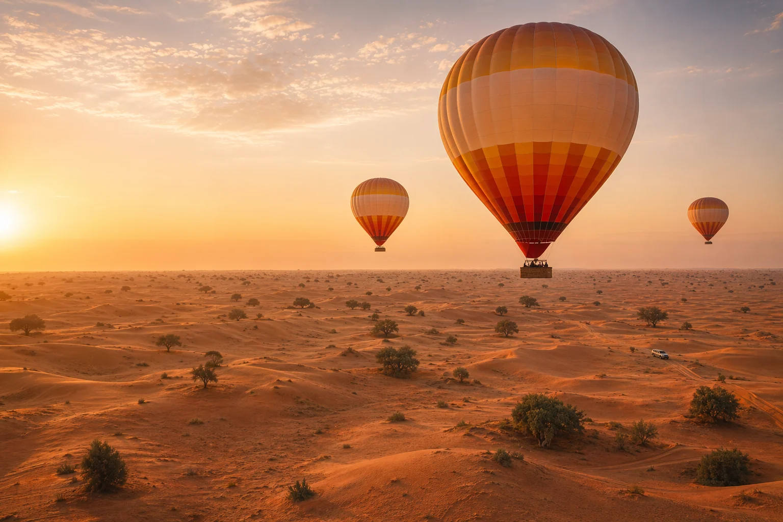 A line of hot-air balloons drifting above terracotta-colored desert dunes at first light, pilots visible in wicker baskets