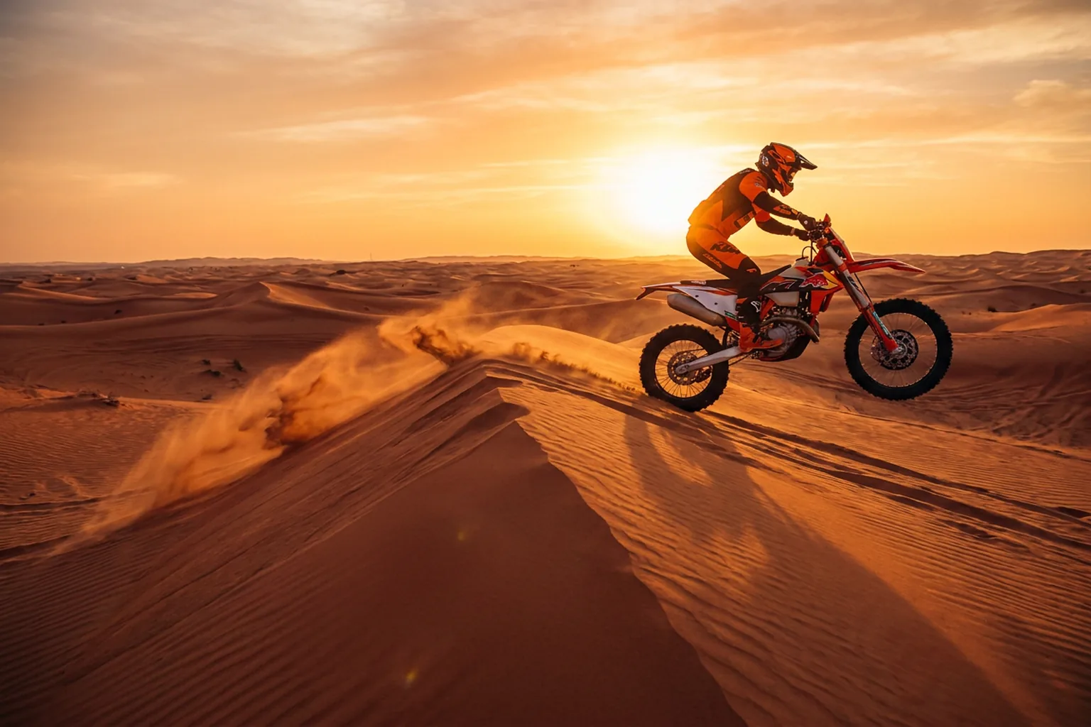 KTM dirt bike rider climbing a Dubai dune in warm evening light