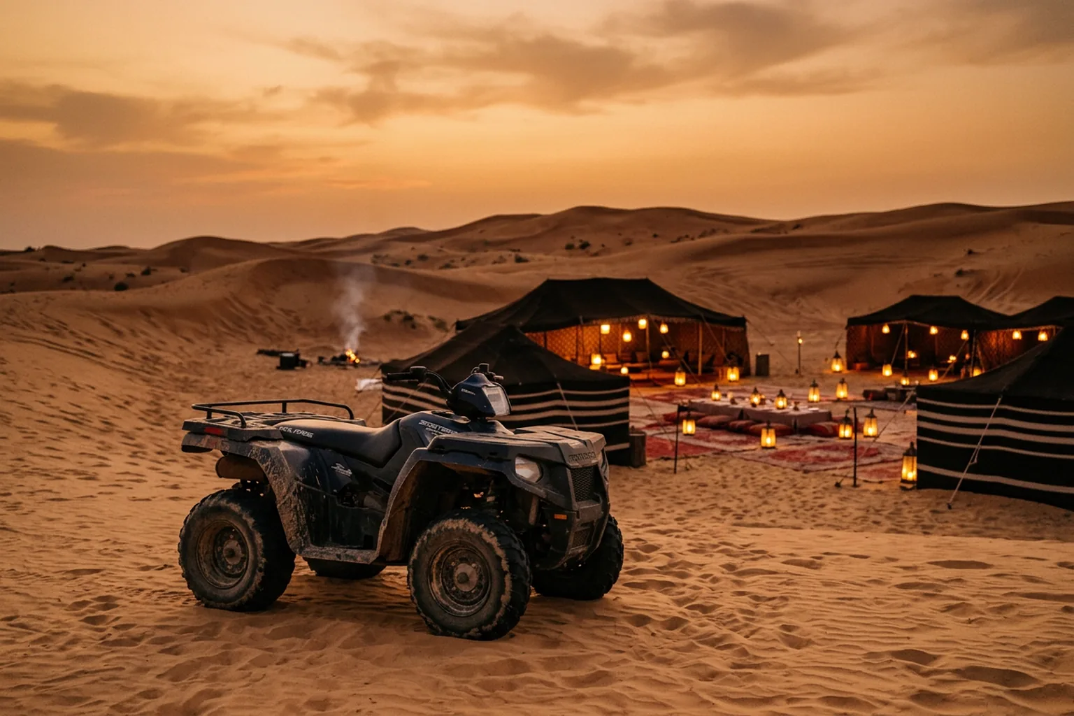 Desert safari camp glow at dusk
